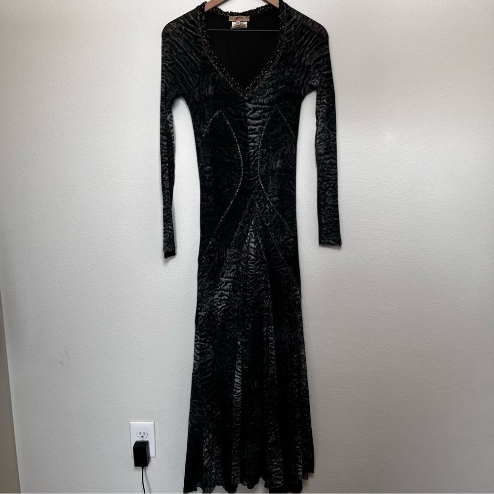 FUZZI Women Dress S Black Gray Mesh Beaded V-Neck Long Sleeve Maxi Bodycon